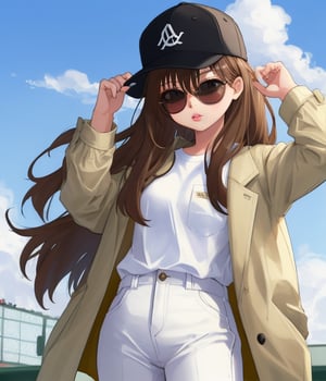 1girl, solo, long hair, brown hair, shirt, hat, white shirt, pants, chibi, lips, coat, black headwear, sunglasses, baseball cap, hand in pocket