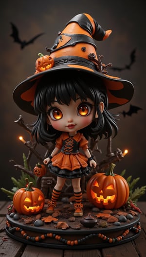 Seasonal figure diorama. It features Halloween-themed Wendy in a super-deformed style designed by YOKO TARO, a Halloween-themed background, and some scary lights., (Detailed Textures, high quality, high resolution, high Accuracy, realism, color correction, Proper lighting settings, harmonious composition, Behance works),VNS_Add more details,Resin