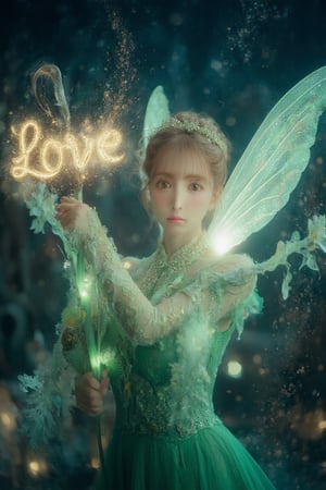 Realistic Asian Tinkerbell with elegant updo hair and green lace outfit. (She gracefully waves her glowing magic wand, forming the sparkling word "LOVE" in gold letters. Her delicate wings shine in the moonlight, and behind her lies a cloud of fairy dust). The night sky is full of stars, creating a fantastic atmosphere. movie lighting,