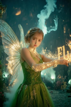 Realistic Asian Tinkerbell with elegant updo hair and green lace outfit. (She gracefully waves her glowing magic wand, forming the sparkling word "FLUX" in gold letters. Her delicate wings shine in the moonlight, and behind her lies a cloud of fairy dust). The night sky is full of stars, creating a fantastic atmosphere. movie lighting,