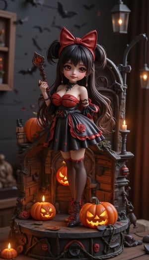 Seasonal figure diorama. It features Halloween-themed Wendy in a super-deformed style designed by YOKO TARO, a Halloween-themed background, and some scary lights., (Detailed Textures, high quality, high resolution, high Accuracy, realism, color correction, Proper lighting settings, harmonious composition, Behance works),VNS_Add more details,Resin