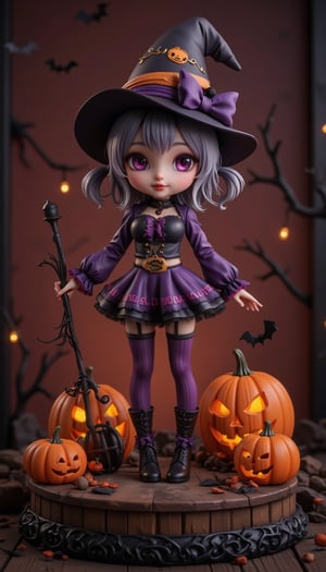 Seasonal figure diorama. It features Halloween-themed Wendy in a super-deformed style designed by YOKO TARO, a Halloween-themed background, and some scary lights., (Detailed Textures, high quality, high resolution, high Accuracy, realism, color correction, Proper lighting settings, harmonious composition, Behance works),VNS_Add more details,Resin