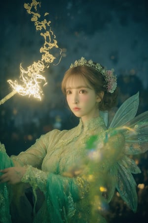 Realistic Asian Tinkerbell with elegant updo hair and green lace outfit. (She elegantly waves her glowing wand, forming the words "Mikami Yua" in shimmering golden kanji. Her delicate wings sparkle in the moonlight, and there is a cloud of fairy dust behind her). The night sky is filled with stars, creating a dreamy atmosphere. movie lighting,