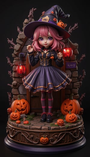 Seasonal figure diorama. It features Halloween-themed Wendy in a super-deformed style designed by YOKO TARO, a Halloween-themed background, and some scary lights., (Detailed Textures, high quality, high resolution, high Accuracy, realism, color correction, Proper lighting settings, harmonious composition, Behance works),VNS_Add more details,Resin