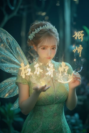 Realistic Asian Tinkerbell with elegant updo hair and green lace outfit. (She gracefully waves her glowing wand, forming the words "三上悠亞" in shimmering gold Chinese characters. Her delicate wings sparkle in the moonlight, and there is a cloud of fairy dust behind her). The night sky is filled with stars, creating a dreamy atmosphere. movie lighting,