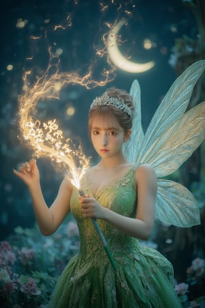 Realistic Asian Tinkerbell with elegant updo hair and green lace outfit. (She elegantly waves her glowing wand, forming the words "子魚" in shimmering golden kanji. Her delicate wings sparkle in the moonlight, and there is a cloud of fairy dust behind her). The night sky is filled with stars, creating a dreamy atmosphere. movie lighting,