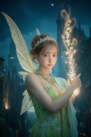 Realistic Asian Tinkerbell with elegant updo hair and green lace outfit. (She gracefully waved her glowing wand, composed of glittering gold letters
"三上悠亞"of words. Her delicate wings sparkle in the moonlight, and there is a cloud of fairy dust behind her). The night sky is filled with stars, creating a dreamy atmosphere. movie lighting,