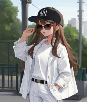 1girl, solo, long hair, brown hair, shirt, hat, white shirt, pants, chibi, lips, coat, black headwear, sunglasses, baseball cap, hand in pocket