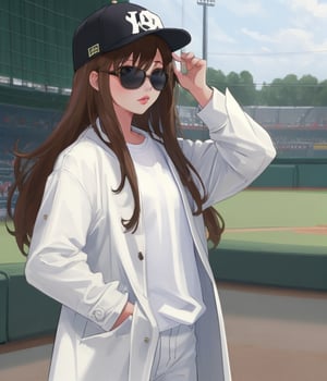 1girl, solo, long hair, brown hair, shirt, hat, white shirt, pants, chibi, lips, coat, black headwear, sunglasses, baseball cap, hand in pocket