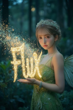 Realistic Asian Tinkerbell with elegant updo hair and green lace outfit. (She gracefully waves her glowing magic wand, forming the sparkling word "FLUX" in gold letters. Her delicate wings shine in the moonlight, and behind her lies a cloud of fairy dust). The night sky is full of stars, creating a fantastic atmosphere. movie lighting,