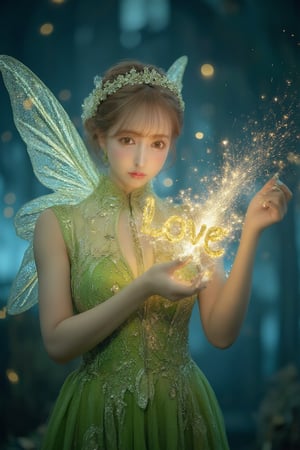 Realistic Asian Tinkerbell with elegant updo hair and green lace outfit. (She gracefully waves her glowing magic wand, forming the sparkling word "LOVE" in gold letters. Her delicate wings shine in the moonlight, and behind her lies a cloud of fairy dust). The night sky is full of stars, creating a fantastic atmosphere. movie lighting,