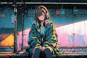 Ultra high resolution, 90s retro style, short-haired woman with brown hair dull bangs is sitting on a bench on a subway platform in a city,
Listening to music with your eyes closed and headphones on, advertising backgrounds on the wall, moody lighting, scenes shooting from the platform opposite, wide-angle shooting, high-contrast lighting,