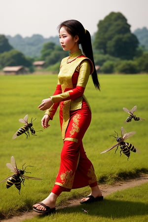Myanmar village lady, walking in the field, full body picture,A beautiful body,how to see a lady's body from the side,A clear picture,Burmese traditional dress and wasps,25 years old 