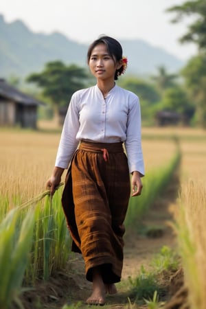 Myanmar village girl, walking in the field, full body picture,A beautiful body,How to see a girl's body from the side