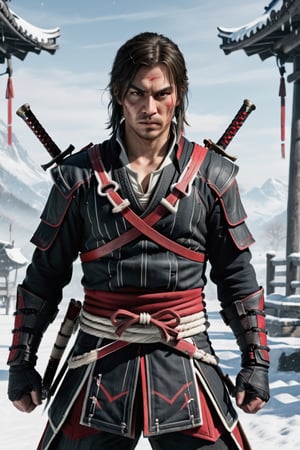 assassin man creed with hair in pigtails,samurai sword on their backs, 1boy,30yo, winter_clothes ,black clothes, Red and white lines,Large hips, Hourglass figure, high_resolution, high detail, sturdy body, front view,style,Movie Still,Film Still,Cinematic, Ultra HD,realism, hasselblad 