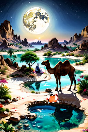 there is a hut and a camel and its two calves,1girl with hijab ,masterpiece oil painting,An oasis with water spring in the middle of the desert with clear bluish green water, there is a big spring, rocks can be seen in the water,white sand, there are a big acasia tree and shrubs around the oasis, cactus, colorful flowers are around it, the rocks are neatly arranged, camel are above and drinking water, someone is sitting with a happy face on the edge of the oasis looking at the clear water,The atmosphere at night is brightly lit by the light of the full moon, 16k,uhd,more detail XL,Extremely Realistic