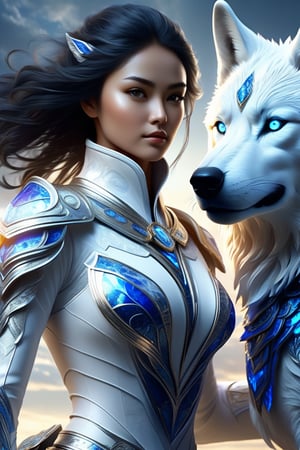 beautiful girl riding a wolf, wearing a form-fitting white winter outfit with glowing fractal elements, cobalt goddess of love armor, white leggings, black hair, Giant Wolf Rider, high-quality, high-detail, photorealistic and stunning full-body poses.UHD 16k , colorful aura, radiant, framing: (ground level angle, front), (((delicate lips,))),more details XL,DonMM4g1cXL