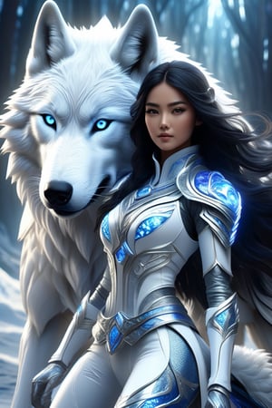 beautiful girl riding a wolf, wearing a form-fitting white winter outfit with glowing fractal elements, cobalt goddess of love armor, white leggings, black hair, Giant Wolf Rider, high-quality, high-detail, photorealistic and stunning full-body poses.UHD 16k , colorful aura, radiant, framing: (ground level angle, front), (((delicate lips,))),more details XL,DonMM4g1cXL