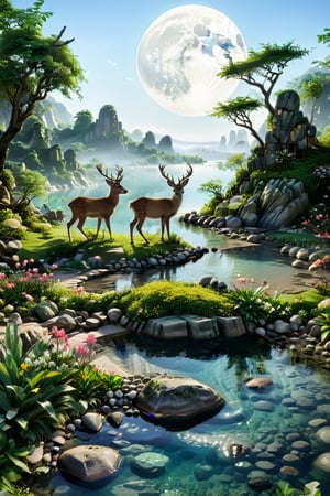 a photography,there is a hut and a deer and its two children,a masterpiece, an oasis with a spring in the middle of the forest with clear bluish green water, there is a big spring, you can see rocks in the water. The sand is white, around the oasis there are trees big banyan and bushes, around it there is grass, colorful flowers, neatly arranged rocks, deer on top of the oasis and drinking water. Seeing the clear water, the night atmosphere is brightly lit by light Full Moon, 16k, uhd, more detail XL, very detail,focus and carefully,Very Realistic,shot from hasselblad camera,camera_view