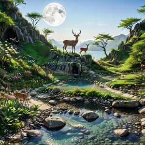 a photography,there is a hut and a deer and its two children,a masterpiece, an oasis with a spring in the middle of the forest with clear bluish green water, there is a big spring, you can see rocks in the water. The sand is white, around the oasis there are trees big banyan and bushes, around it there is grass, colorful flowers, neatly arranged rocks, deer on top of the oasis and drinking water. Seeing the clear water, the night atmosphere is brightly lit by light Full Moon, 16k, uhd, more detail XL, very detail,focus and carefully,Very Realistic,shot from hasselblad camera,camera_view,camera Canon EOS 6D Mark II