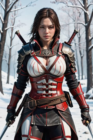 Sexy female assassin creed,samurai sword on their backs, 1girl, winter_clothes, leggings ,((carved breastplate)),black clothes, Red and white lines, Big ass , Large hips, Hourglass figure, high_resolution, high detail, perfect body, front view,style,Movie Still,Film Still,Cinematic, Ultra HD,realism, hasselblad 