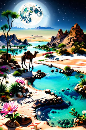 there is a hut and a camel and its two calves,1girl with hijab ,masterpiece oil painting,An oasis with water spring in the middle of the desert with clear bluish green water, there is a big spring, rocks can be seen in the water,white sand, there are a big acasia tree and shrubs around the oasis, cactus, colorful flowers are around it, the rocks are neatly arranged, camel are above and drinking water, someone is sitting with a happy face on the edge of the oasis looking at the clear water,The atmosphere at night is brightly lit by the light of the full moon, 16k,uhd,more detail XL,Extremely Realistic