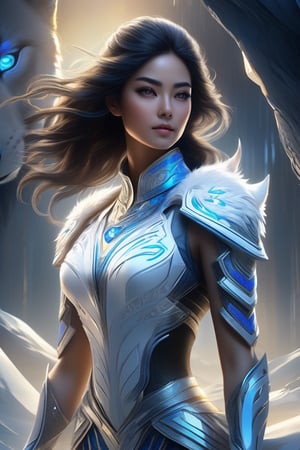 beautiful girl riding a wolf, wearing a form-fitting white winter outfit with glowing fractal elements, cobalt goddess of love armor, (white leggings), black hair, Giant Wolf Rider, high-quality, high-detail, photorealistic and stunning full-body poses.UHD 16k , colorful aura, radiant, framing: (ground level angle, front), (((delicate lips,))),more details XL,DonMM4g1cXL