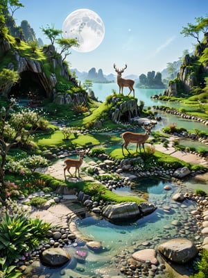 a photography,there is a hut and a deer and its two children,a masterpiece, an oasis with a spring in the middle of the forest with clear bluish green water, there is a big spring, you can see rocks in the water. The sand is white, around the oasis there are trees big banyan and bushes, around it there is grass, colorful flowers, neatly arranged rocks, deer on top of the oasis and drinking water. Seeing the clear water, the night atmosphere is brightly lit by light Full Moon, 16k, uhd, more detail XL, very detail,focus and carefully,Very Realistic,shot from hasselblad camera,camera_view,camera Canon EOS 6D Mark II