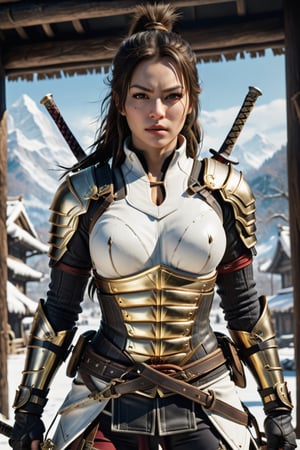 Sexy female assassin creed,samurai sword on their backs, 1girl, winter_clothes, leggings ,((carved breastplate)),white clothes, black and gold lines, Big ass , Large hips, Hourglass figure, high_resolution, high detail, perfect body, front view,style,Movie Still,Film Still,Cinematic, Ultra HD,realism, hasselblad 