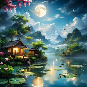 (extremely detailed CG unity 8k wallpaper),(((masterpiece))), (((best quality))), ((ultra-detailed)), (best illustration),(best shadow), ((an extremely delicate and beautiful)), Giant tree,wooden boats, bamboo bridges,dynamic angle, long shot of a hut by the river,  large mountains, clouds under passing beautiful trees tops, dusk time, water lilies in the lake blooming, lush plants, moonlight shining through the white clouds, bold colors, hyper-realistic, (detailed light), feather, nature, (sunlight), beautiful and delicate water,(painting),(sketch),(bloom),(shine), high resolution, high contrast ratio, high detail, high texture, texture surreal high-quality figure, ultra high quality, golden ratio