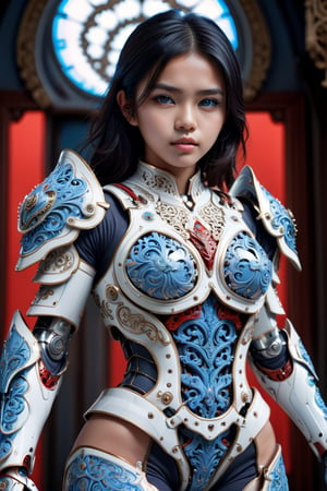 front_view, masterpiece, best quality, photorealistic, raw photo, (1girl, Indonesian beautiful face, looking at viewer), black hair, mechanical white armor, intricate armor, delicate blue filigree, intricate filigree, red metalic parts, detailed part, dynamic pose, detailed background, dynamic lighting, framing: (ground level angle,lighting during the day), full_body, chromatic neon,