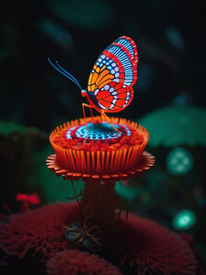 (art by Victor Brauner:0.9) , Mesmerizing 1 Butterfly on top of a mushroom fly agaric, Wretched fluorescent patterns, stylized, background is [Sofia|Tunnel], Bokeh, Shameful, Mushroomcore, 35mm, Vivid hue