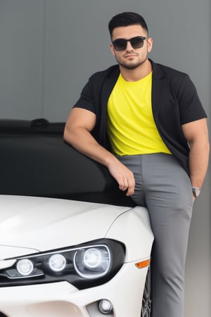 create a 3d illusion for a profile picture where a 25-year old cute boy sitting casualy on a white toyota supra. Wearing sneakers, and sunglasses, he looks ahead. The background features "HELLO" in big and capital yellow neon light font on the dark grey wall.,1boy
