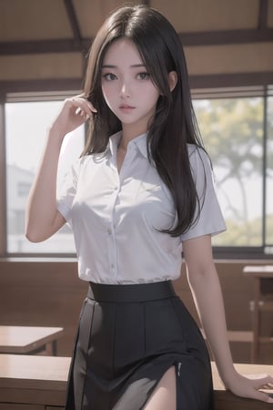 photorealistic, masterpiece, best quality, raw photo, Thai girl 25 years old , Thai University school uniform, (Female white short sleeve shirt slim fit, thin fabric | A-line student black skirt with front slit) See Through sexy tops, long hair, brown hair, detailed face, alluring face,  sexy dynamic pose, looking at viewer, from below, detailed background, fine detailed, intricate detail,  ray tracing, depth of field, hdr,Sexy Pose,Styles Pose,ruanyi0070,peeing self