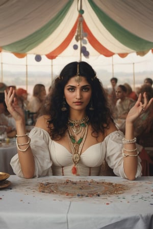 1930s indian traditional woman, seated at table, upper body framing,facing viewer, glass orb, hands up, hair accessory, hair blowing, long curly hair, circus tent interior, silks, huge cleavage, white off shoulder peasant crop top, navel, filagree, confetti fill the air, painted by Ludwig Deutsch