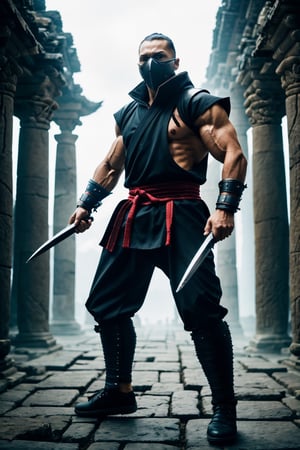 (masterpiece, best quality, wallpaper:1.2), a skull ninja .ninja standing in an intimidating fighting stance (amidst a background of an ancient mortal kombat temple:1.2), medium shot, from below, (muscular body, full body:1.2), radiating a powerful aura, wearing a rebreather mask and ice blue ninja garb, intense expression, vivid blue eyes, detailed iris, focus on face, cinematic, sharp focus, depth of field, bokeh