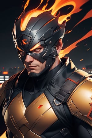 Faceing viewer, facing forward, close up view, (Character: a middle-aged Japanese Male assassin) (View: portrait) (FACE: bright red horizontal face-visor, golden-metal skull-jaw-mask) (BODY: masculine, muscular physique) (OUTFIT: wearing golden tactical ninja suit, red L.E.D light circle in the center of his chest) (IMAGE QUALITY: sharpe image quality, high_resolution, detailed, detailed facial features, vibrant colors, sharpness, enhanced image) (LIGHTING:, DIFFUSED LIGHTING, daytime, dynamic lighting, cinematic pose) (Scene: orange glowing aura surrounding his entire body, action scene) (BACKGROUND: Tokyo rooftop background