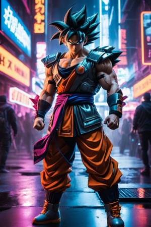 Dragon Ball Goku, strong, wearing armor, cyberpunk city, under neon lights.