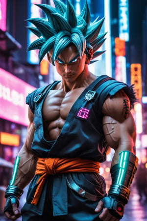 Dragon Ball Goku, strong, wearing armor, cyberpunk city, under neon lights.