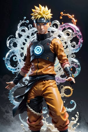 Naruto uzumaki, emanating magic aura around his body, full body shot, plain background, greeble art, fractal art, colorful, a winner photo award, detailed photo,cyborg style