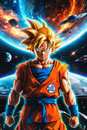 best quality,4k,8k,highres,masterpiece:1.2),ultra-detailed,(realistic,photorealistic,photo-realistic:1.37),Goku in a space ship,anime,hdr,vivid colors,motion blur,science fiction,starry background,reflection of stars on spaceship's surface,expanding universe background,illuminating spaceship lights,goku's intense facial expression,energy aura surrounding Goku,silver metallic spaceship,laser cannons,futuristic cockpit,goku's iconic orange gi,sharp focus,wispy clouds passing by outside the spaceship window,holographic control panel,fast-paced action scene,humanoid aliens watching the spaceship from a distance,cosmic explosion in the background,numerous stars and galaxies,galactic dust and nebulae,planet Earth visible in the distance.