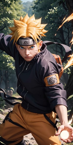 "Generate an image of Naruto Uzumaki from the popular anime series 'Naruto' using his signature jutsu, the 'Rasengan.' Naruto stands with determination, his blond hair flowing, and his bright blue eyes focused. He holds his palm out, surrounded by swirling chakra that forms the Rasengan, a spiraling sphere of energy. The scene is set against a backdrop of a lush forest, with leaves rustling in the wind as Naruto's power radiates through the air. Capture the essence of Naruto's spirit and determination as he unleashes his formidable ninja abilities.",n4rut0
