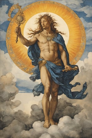 (Albrecht Dürer Style: 1.3), a man, medieval pattern, antique, decorative, vintage, vintage, best quality, god, Apollo, the sun god, with a big sun behind his head shining on him, showing his abs , the background is all clouds, stepping on the clouds, holding the harp in the right hand, stretching back the left hand,
