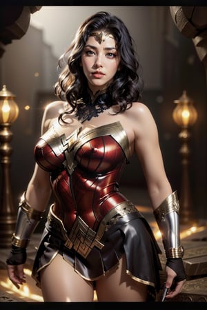 (masterpiece,best quality,ultra-detailed,8K,intricate, realistic),girl in dark cave,black hair,shiny skin,detailed exquisite face,natural huge breasts, hourglass figure,angry,rembrandt lighting,1 girl,Color Booster,leonardo,style,wonder_woman, Monica Bellucci