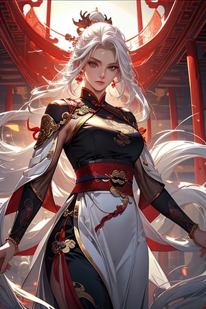 Masterpiece, best quality, beautiful 1 girl, white hair, clear face, clear and bright eyes, xianxia dress, martial arts, ancient Chinese temple in the background, anatomically correct, natural lighting