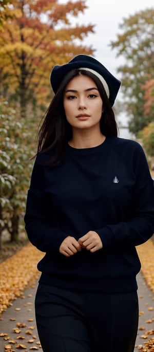 Generate hyper realistic image of a woman standing outdoors, her long brown hair gently swaying in the autumn breeze. She wears a sweater with long sleeves, black pants, and black footwear. A French hat adorns her head, complementing the black headwear. Behind her, a tall tree with leaves turning golden. The air is crisp, and a single leaf flutters down.photorealistic