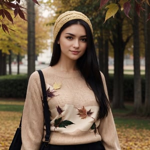 Generate hyper realistic image of a woman standing outdoors, her long brown hair gently swaying in the autumn breeze. She wears a sweater with long sleeves, black pants, and black footwear. A French hat adorns her head, complementing the black headwear. Behind her, a tall tree with leaves turning golden. The air is crisp, and a single leaf flutters down.photorealistic, looking at viewer 