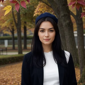 Generate hyper realistic image of a woman standing outdoors, her long brown hair gently swaying in the autumn breeze. She wears a sweater with long sleeves, black pants, and black footwear. A French hat adorns her head, complementing the black headwear. Behind her, a tall tree with leaves turning golden. The air is crisp, and a single leaf flutters down.photorealistic, looking at viewer 