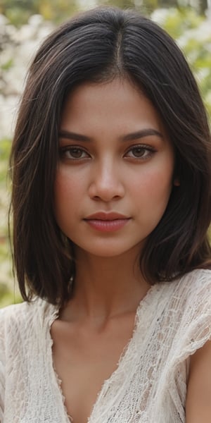 Generate hyper realistic image of a Indonesian woman with long hair, gazing directly at the viewer with brown eyes. Her parted lips hint at a subtle expression of tranquility, This portrait captures the essence of a calm and captivating moment.