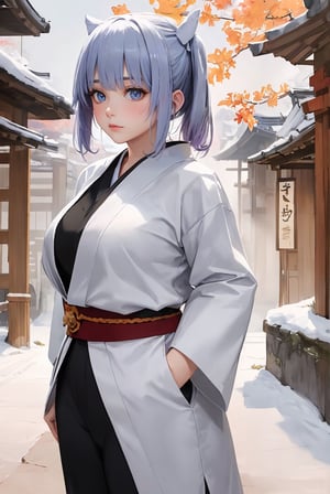 (Hashimoto Kanna as 1 Japanese Ninja:1.2) (autumn, snowing), (water color style, double exposure) ,(sexy ninja outfit), dim light, muted color,Impressionism, (ultra detailed background of a ancient Japanese buildings), harmonious composition, epic art work, Hashimoto Kanna